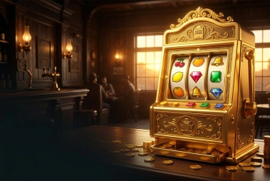 Gylden spilleautomat med frugt og ædelsten
